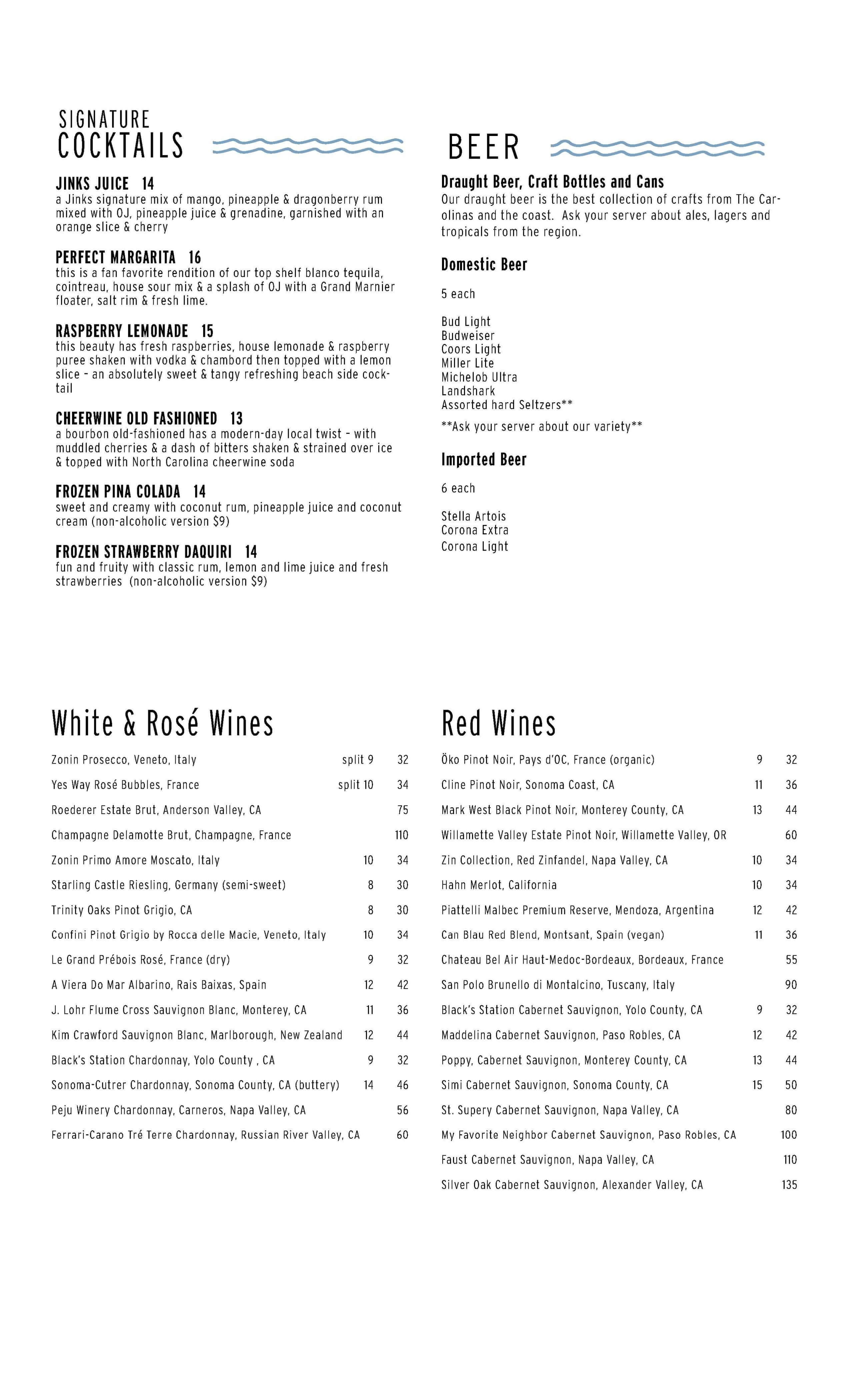 Jinks Creek Menu